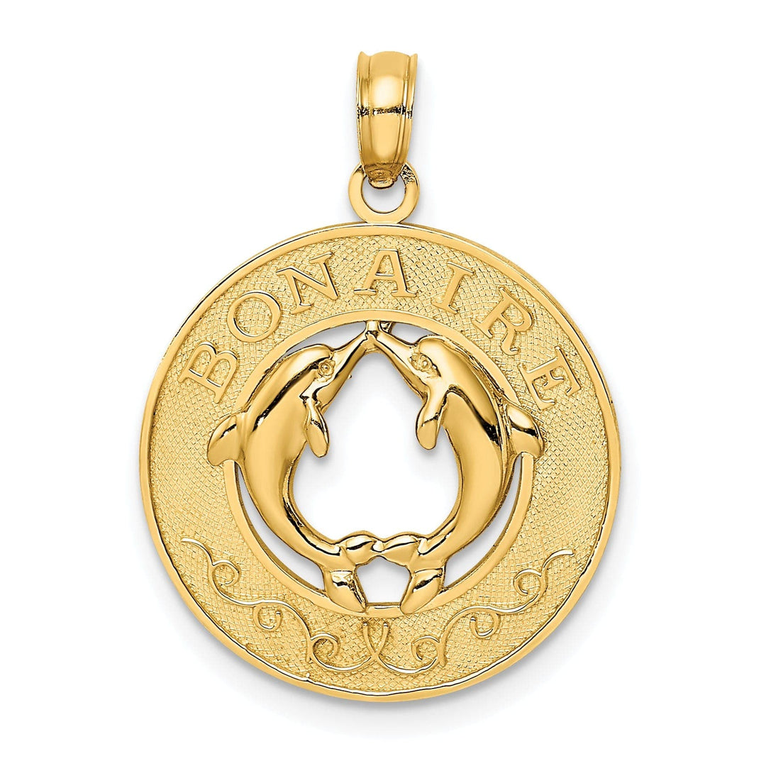 14K Yellow Gold Polished Finish Concave Shape BONAIRE, W.I Circle Design with Doliphins Charm Pendant