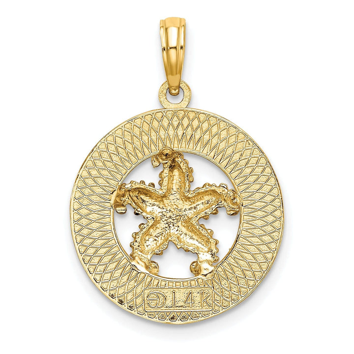 14K Yellow Gold Polished Textured Finish CAPE CODE Starfish in Circle Design Charm Pendant