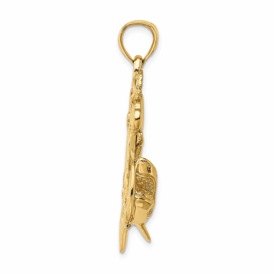 14K Yellow Gold Textured Polished Finish 2-Dimensional Anchor with Shark Design Charm Pendant
