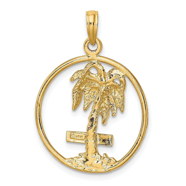 14K Yellow Gold Textured Polished Finish MARCO ISLAND Banner Sign on Palm Tree in Circle Design Charm Pendant