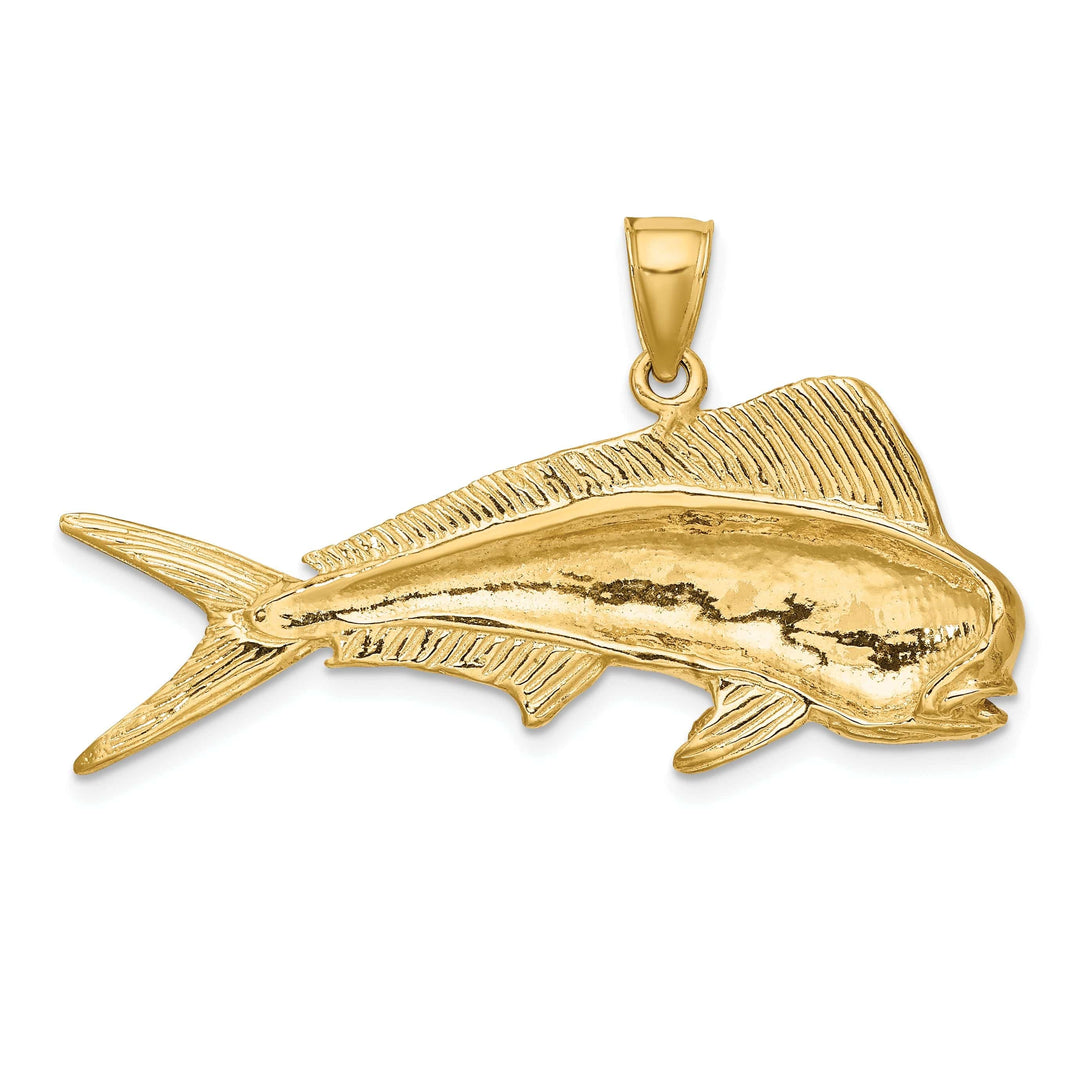 14K Yellow Gold Textured Polished Finish 2-Dimensional Male Dorado Mahi-Mahi Charm Pendant