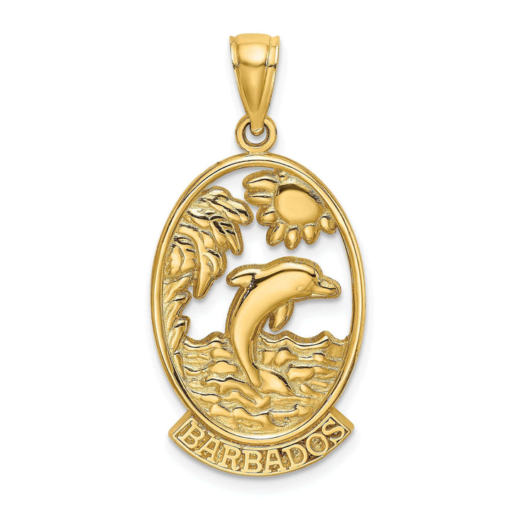 14K Yellow Gold Polished Finish BARBADOS with Dolphin Sunset Scene Design Oval Charm Pendant