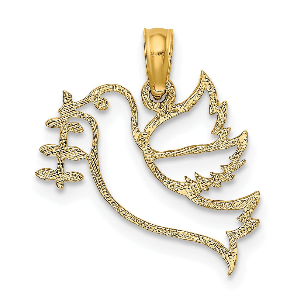 14K Yellow Gold Polished Cut Out Design Dove With Olive Branch Pendant