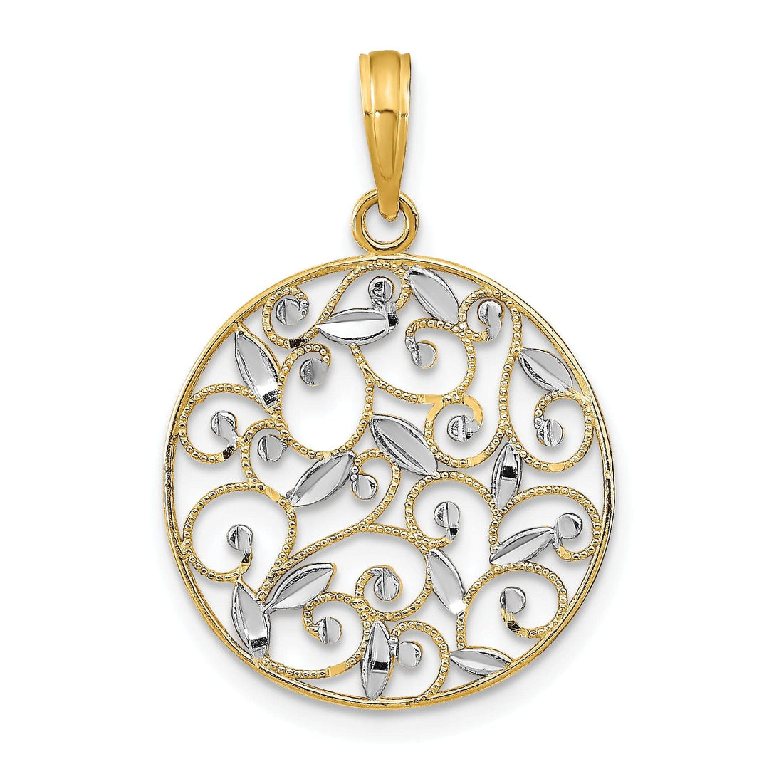 14K Yellow Gold, White Rhodium Polished Diamond Cut Finish Round Filigree Design Pendant