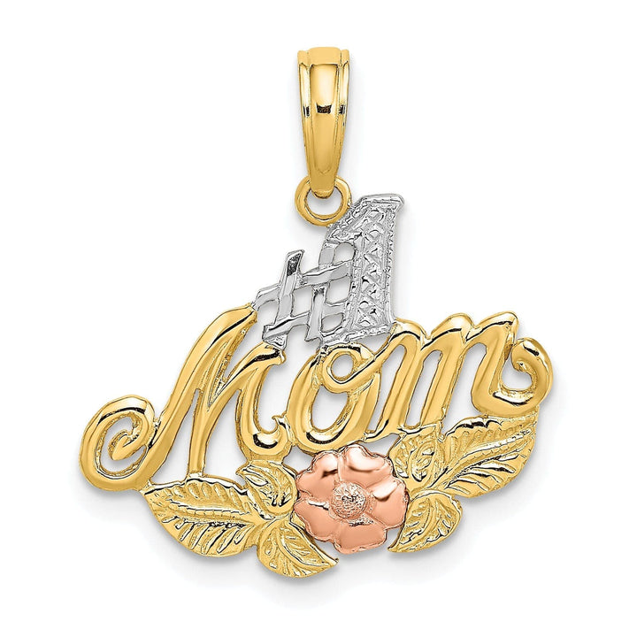 14K Two Tone Gold, White Rhodium Textured Polished Finish Script #1 MOTHER with Leaf, Flower Design Charm Pendant