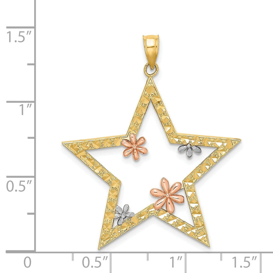 14k Two Tone Gold White Rose Rhodium Open Back Polished Textured Finish Star with Flowers Charm Pendant