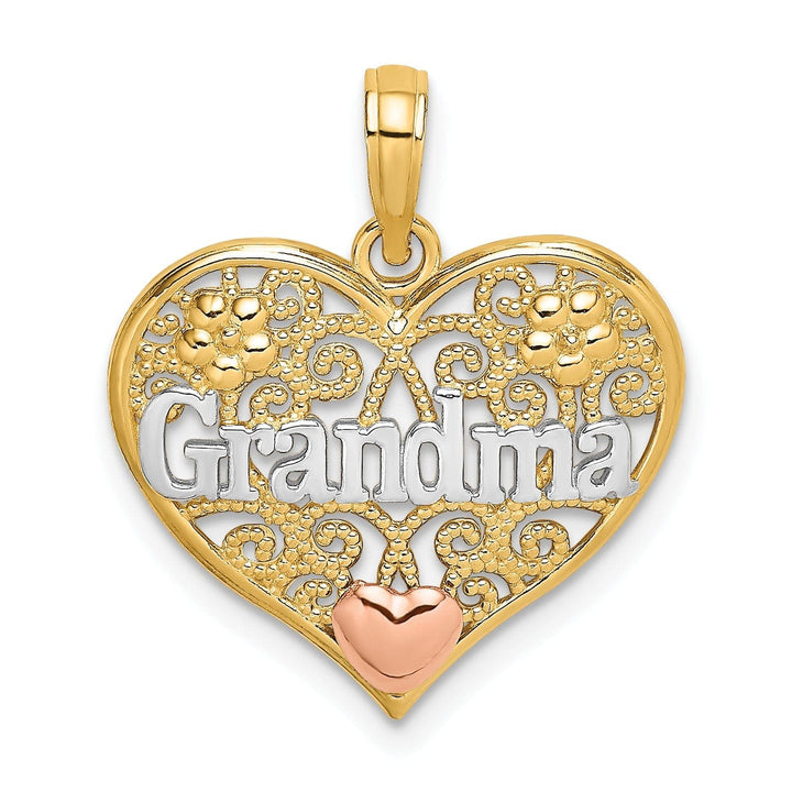 14k Two Tone Gold, White Rhodium Polished Finish GRANDMA In Filigree Heart Shape Design Charm Pendant