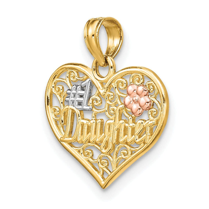 14k Two Tone Gold, White Rhodium Flat Back Polished Finish #1 DAUGHTER In Heart with Flower Swirl Design Charm Pendant