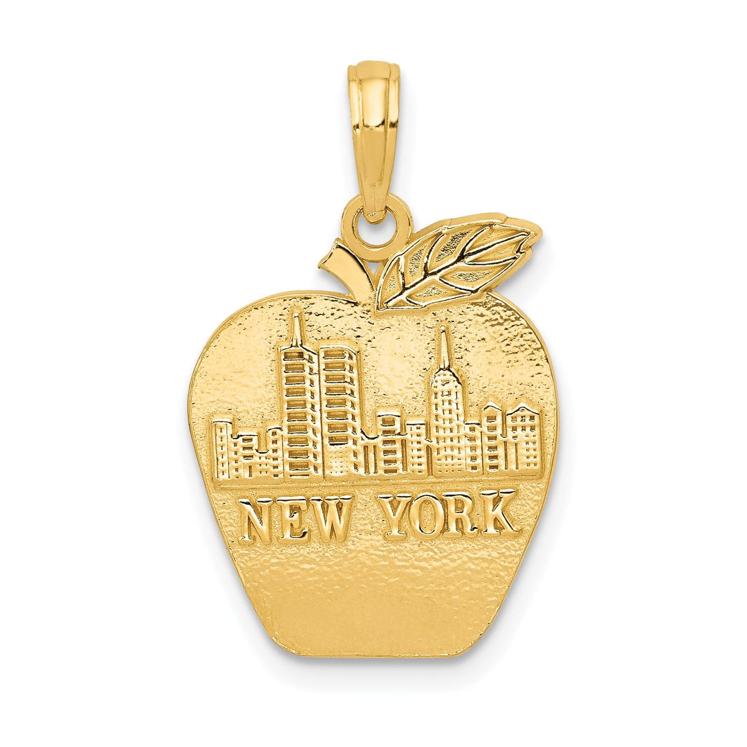 14k Yellow Gold Solid Polished Textured Finish NEW YORK Skyline Theme on Small Apple Design Charm Pendant