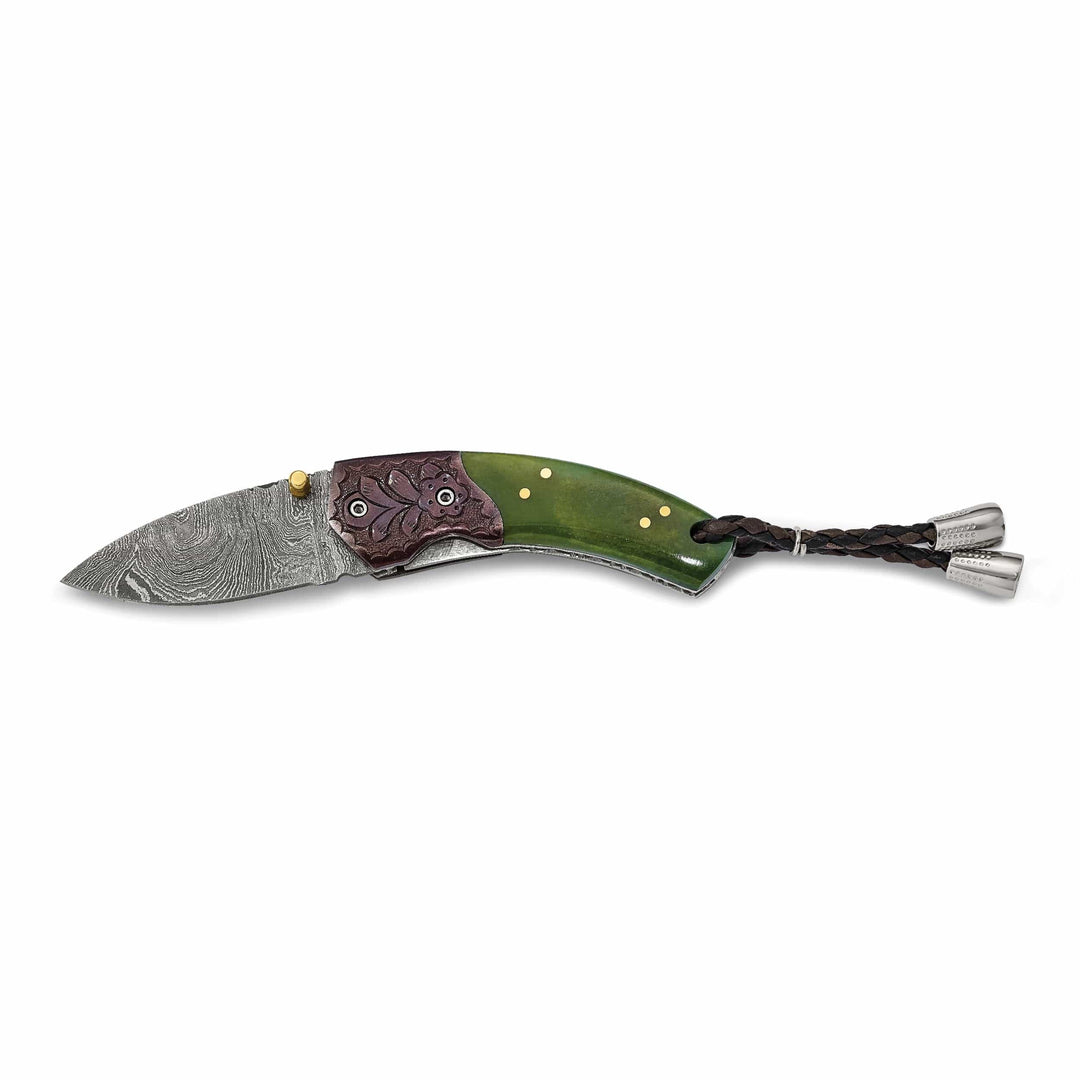 Damascus Steel 256 Layer Folding Blade Tinted Camel Bone Handle Knife
