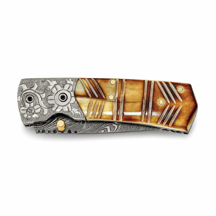 Damascus Steel 256 Layer Folding Dyed/Carved Camel Bone Knife