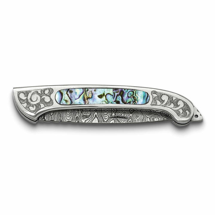 Damascus Steel 256 Layer Folding Blade Abalone Inlay Handle Knife