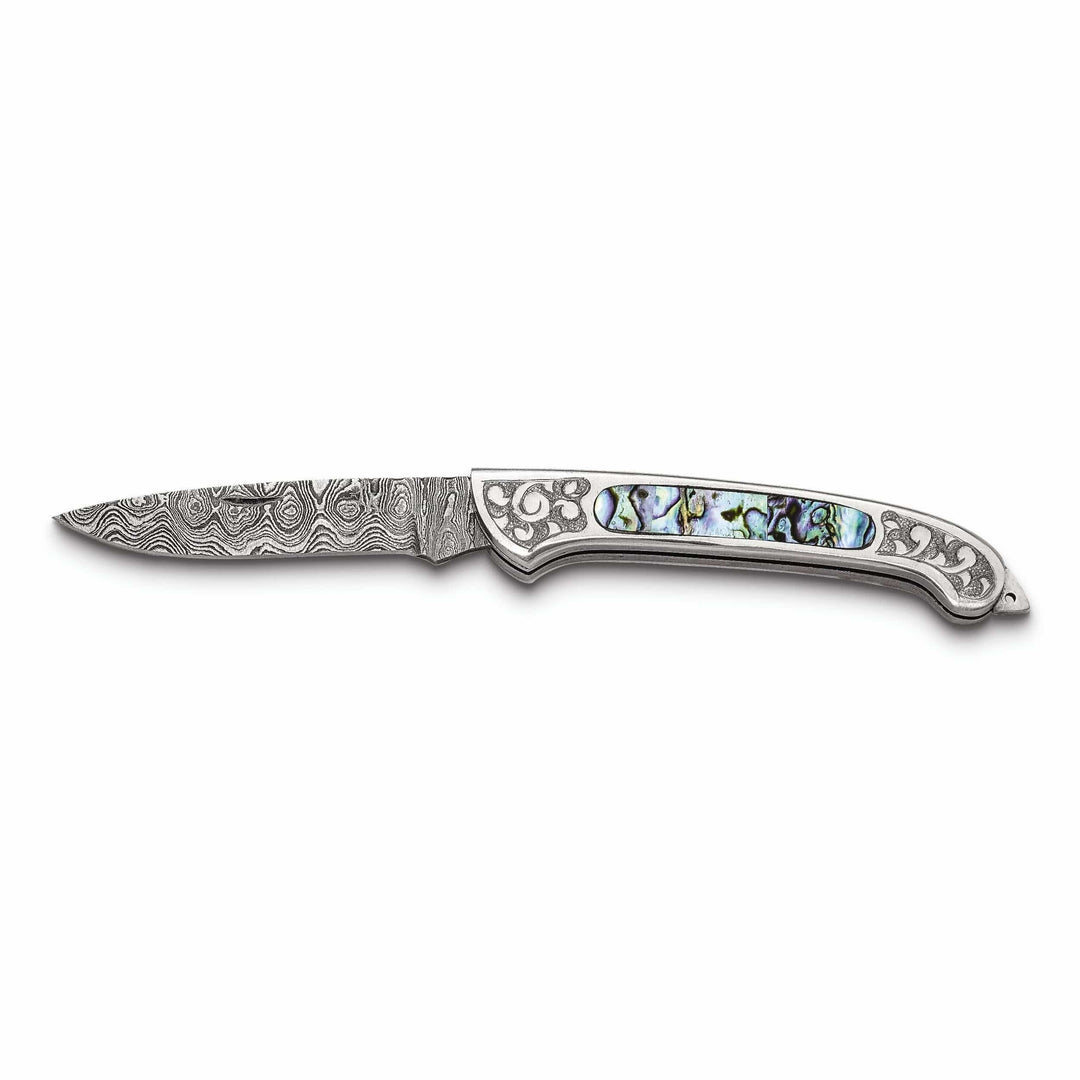 Damascus Steel 256 Layer Folding Blade Abalone Inlay Handle Knife