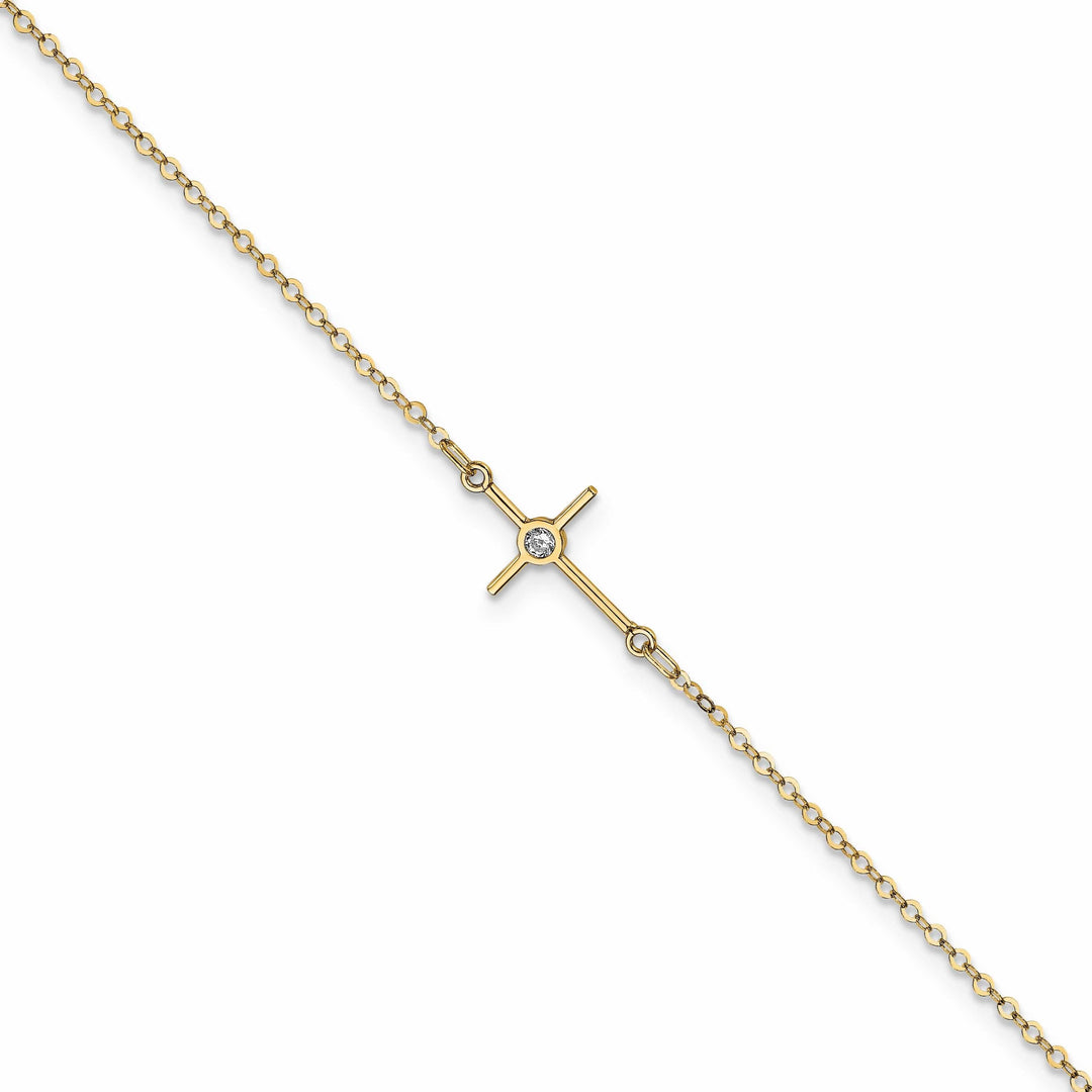 Leslie' 14k Yellow Gold Polished CZ Cross Anklet