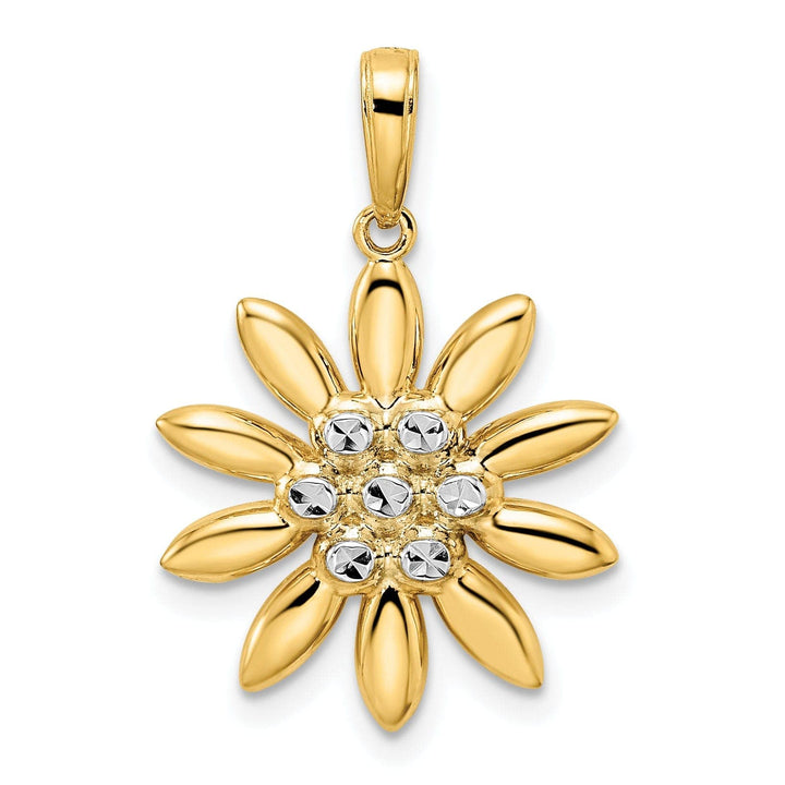 14K Yellow Gold White Rhodium Casted Open Back Diamond-cut Solid Polished Finish Flower Charm Pendant