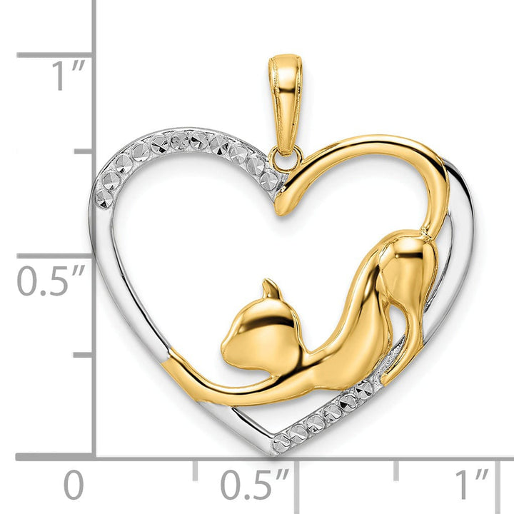 14k Yellow Gold White Rhodium Solid Open Back Polished Diamond Cut Finish Cat Stretching in Heart Design Charm Pendant