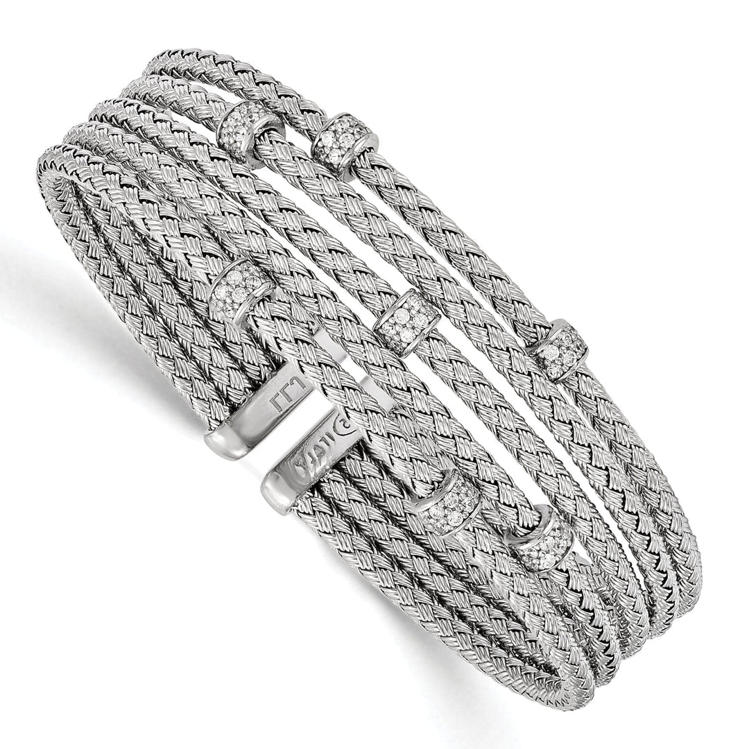 Sterling Silver Rhodium C.Z Woven Flexible Cuff
