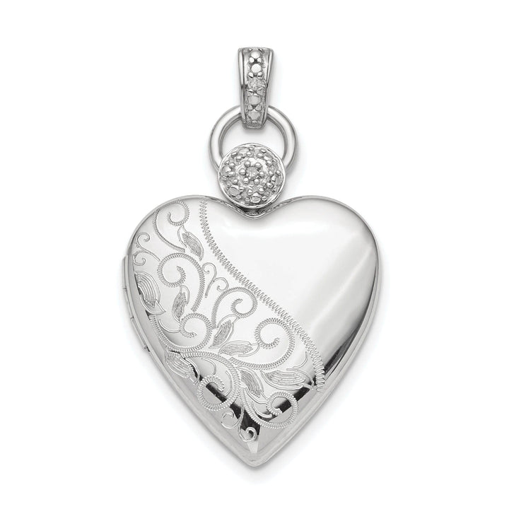 Sterling Silver Rhodium-plate 21mm Heart Dia. Accent diamond cut Satin Locket