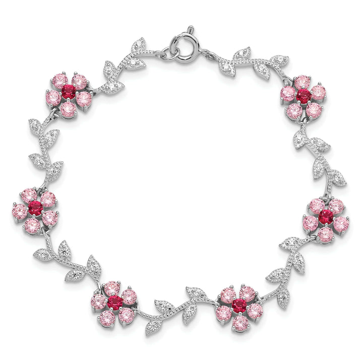 Silver Pink Cubic Zirconia Flower Bracelet