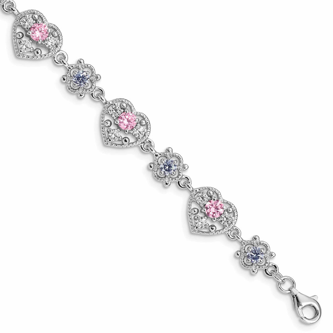 Silver Pink Clear Cubic Zirconia Heart Bracelet