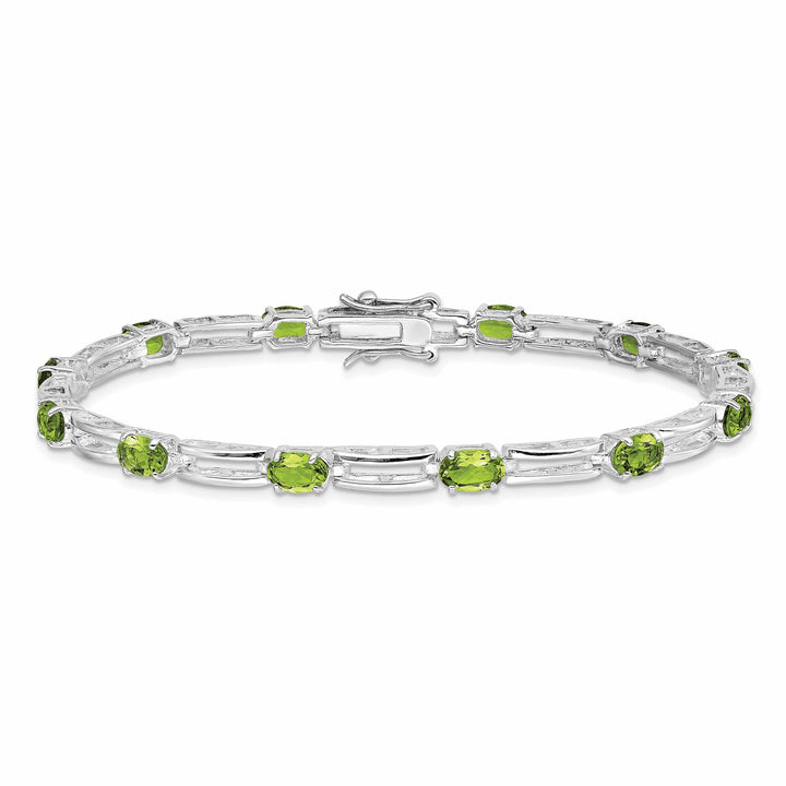 Silver Oval Peridot Gemstone Diamond Bracelet