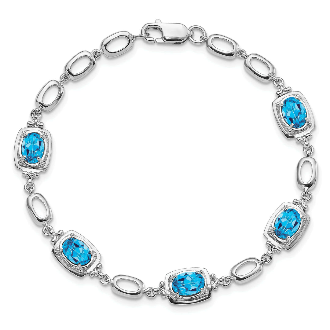 Silver Oval Blue Topaz Gemstone Link Bracelet
