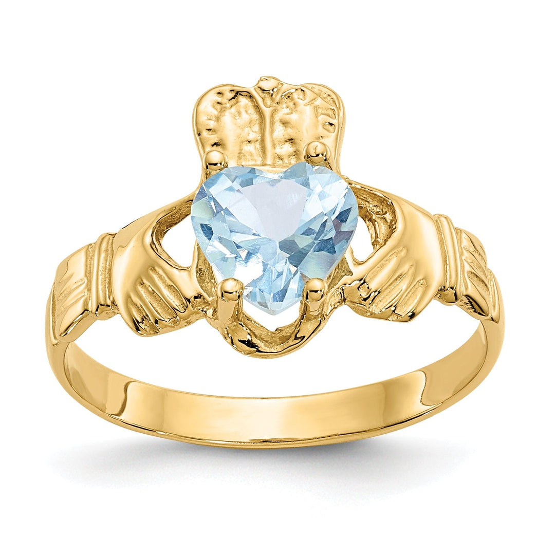 14k Yellow Gold March Birthstone Claddagh Ring