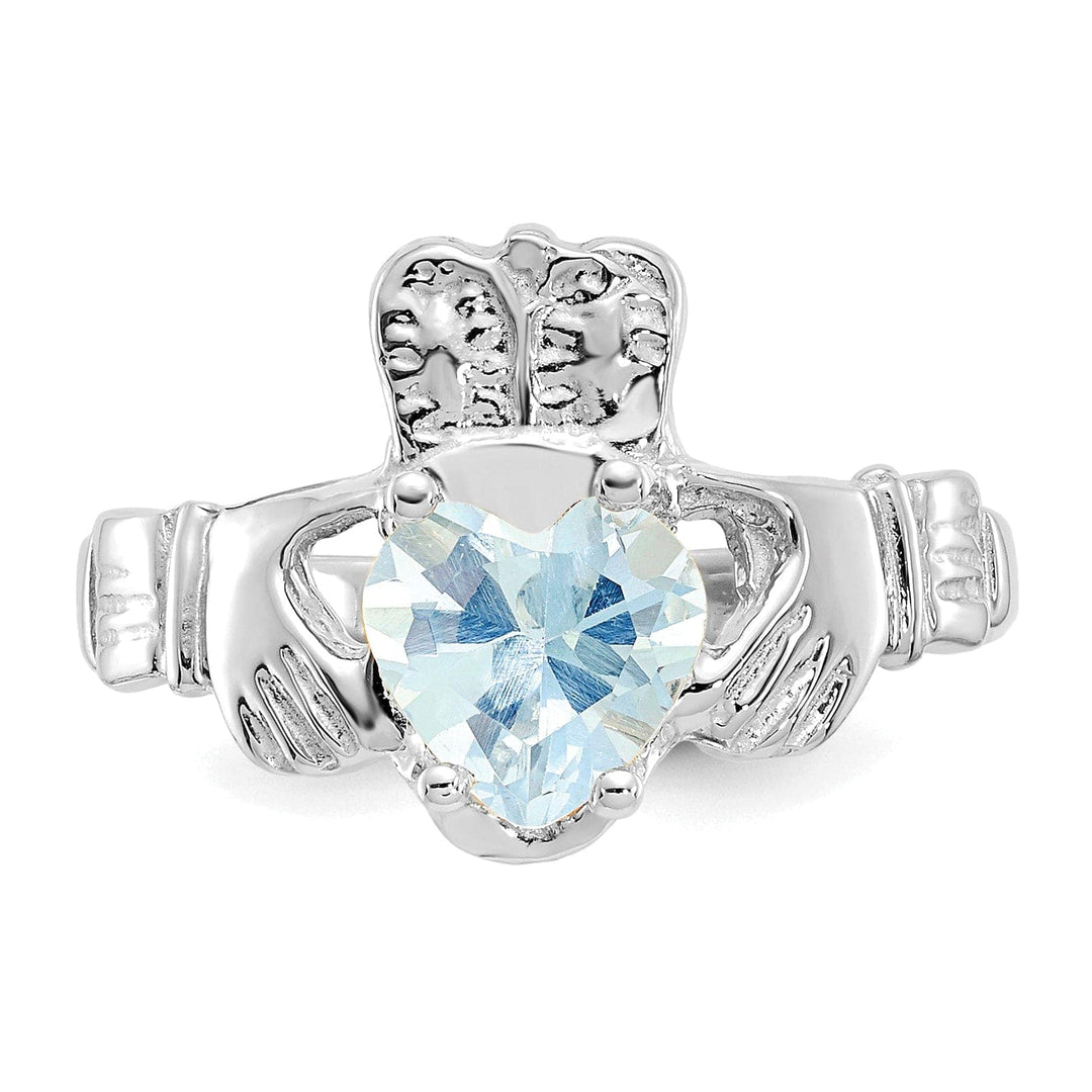 14k White Gold March Birthstone Claddagh Ring