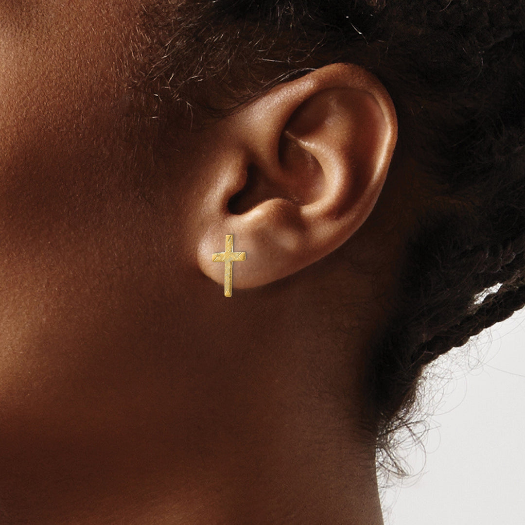 14k Yellow Gold Brushed Finish Cross Earrings