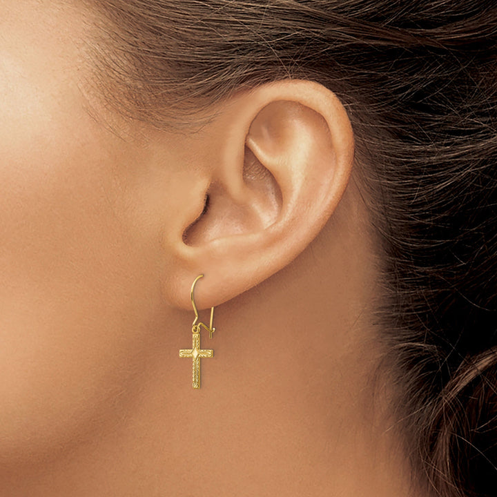 14k Yellow Gold Polished Satin Cross Earrings