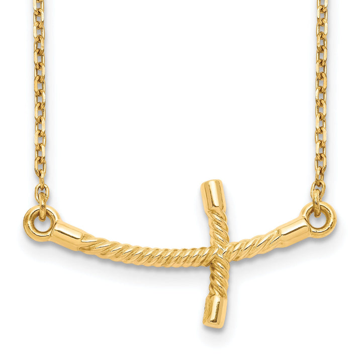 14k Yellow Gold Polished Finish Large Size Sideways Curved Twist Design Cross Pendant in a 19-Inch Cable Chain Necklace Set