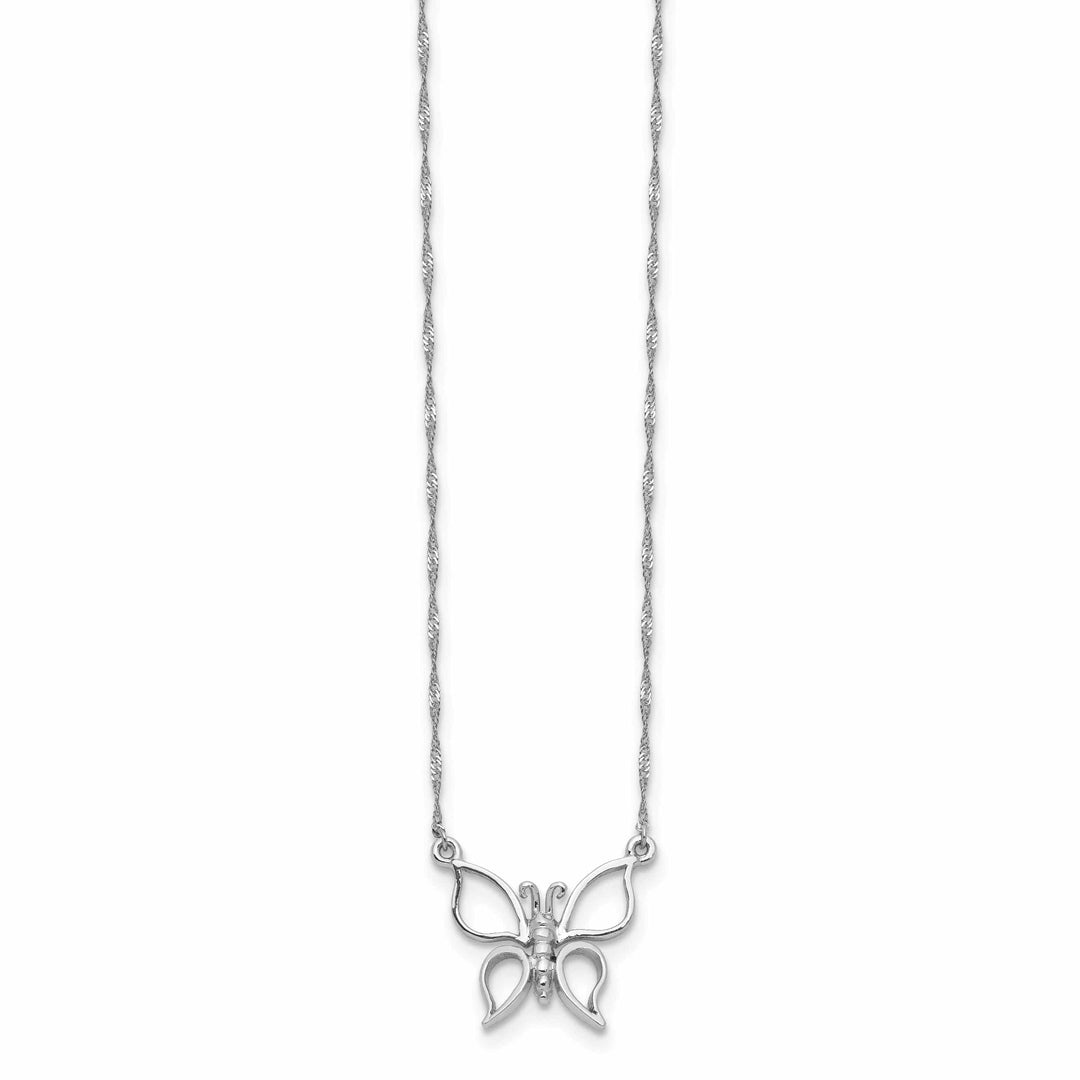 14k White Gold Polished Finish Solid Butterfly Design Pendant in a 17-inch Singapore Chain Necklace Set