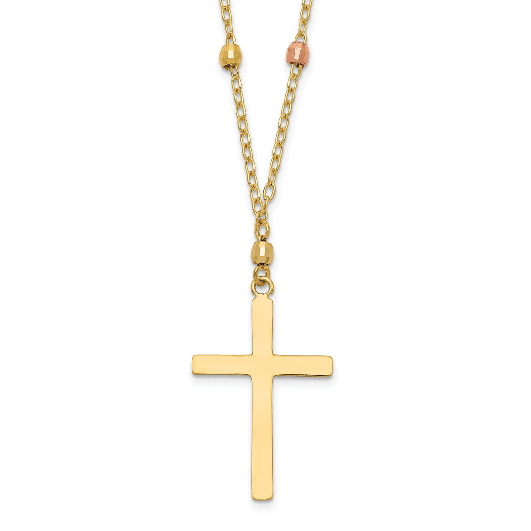 14K Tri Color Gold Soild Polished Diamond Cut Finish Beaded Cross Design Pendant in a 18-Inch Cable Chain Necklace Set