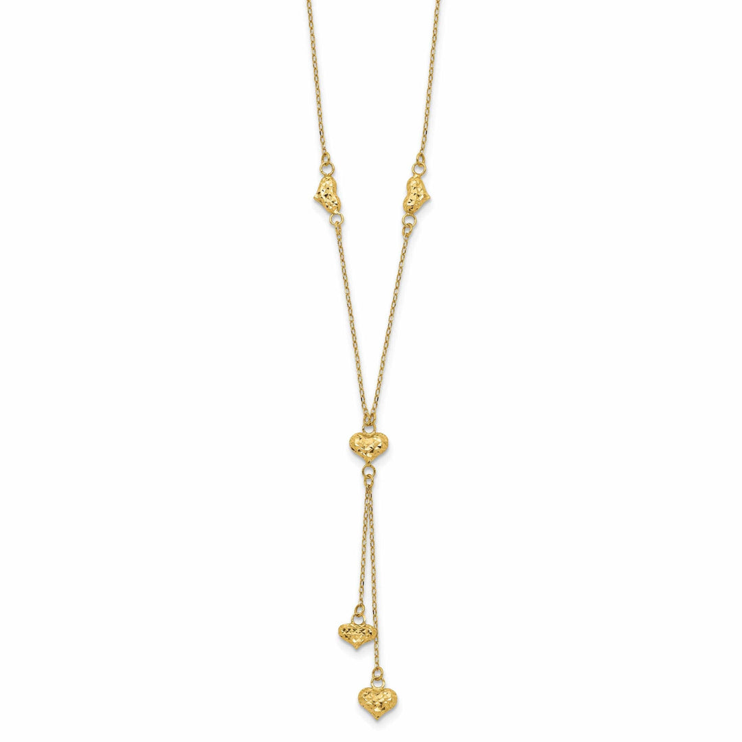14k Yellow Gold Solid Polished Diamond Cut Finish Multi Puffed Hearts Design with 2-inch Ext 16-inch Cable Chain Necklace
