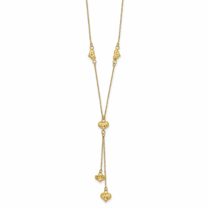 14k Yellow Gold Solid Polished Diamond Cut Finish Multi Puffed Hearts Design with 2-inch Ext 16-inch Cable Chain Necklace
