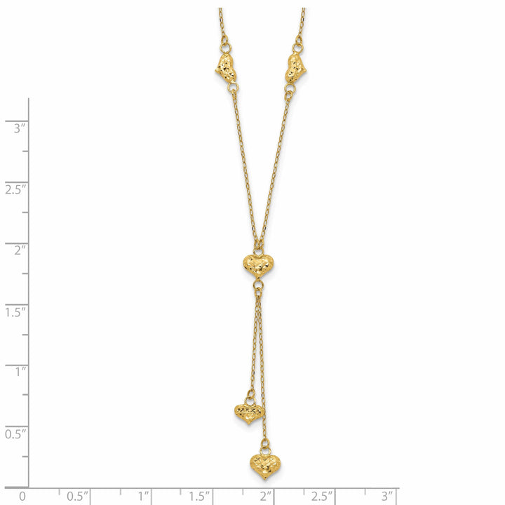 14k Yellow Gold Solid Polished Diamond Cut Finish Multi Puffed Hearts Design with 2-inch Ext 16-inch Cable Chain Necklace