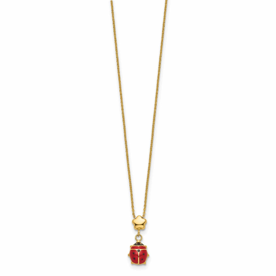14k Yellow Gold Polished Red, Black Enameled Finish Hollow Ladybug with Flower Design Pendant in a 16.5-inch Cable Chain Necklace Set