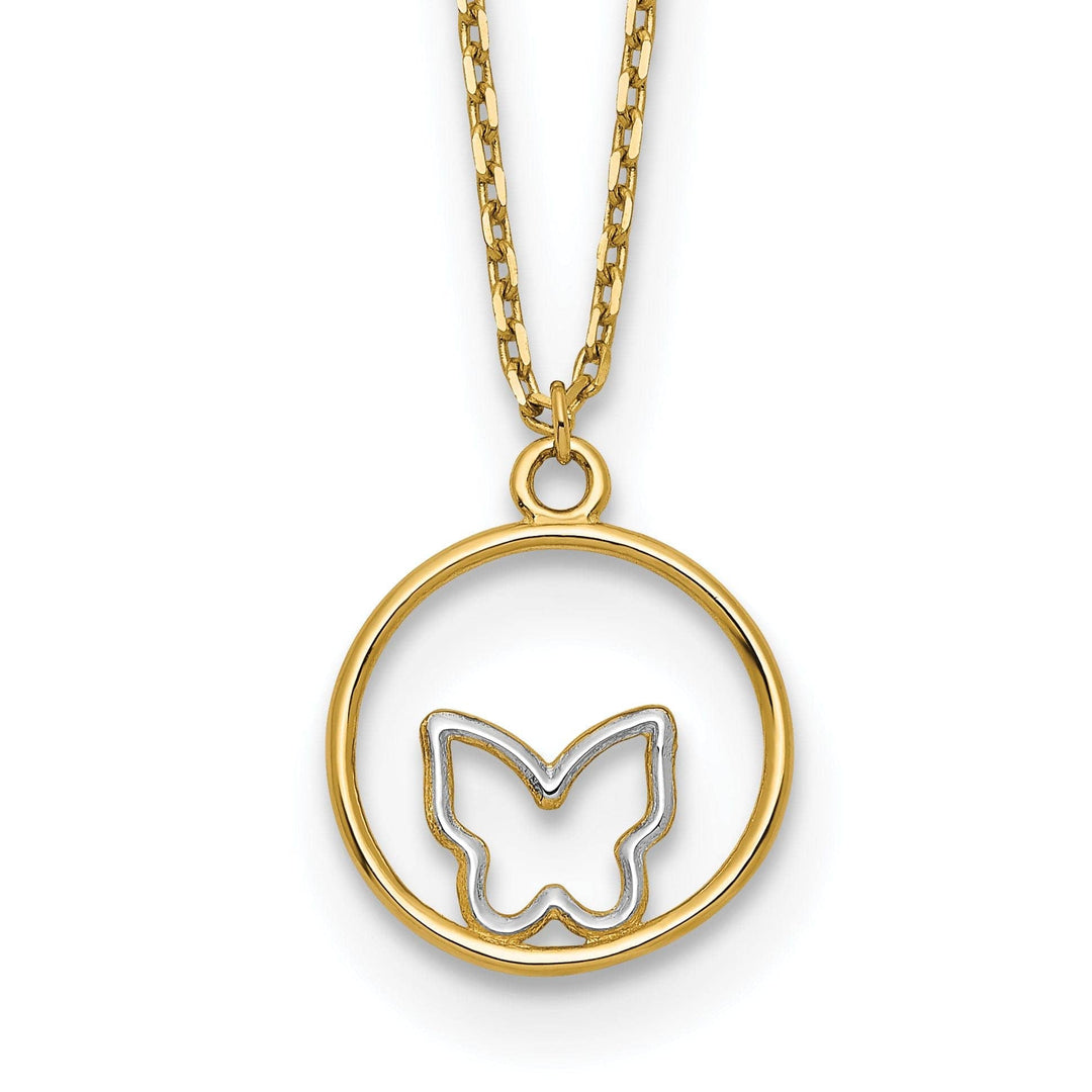 14k Yellow Gold, White Rhodium Polished Finish Butterfly in Circle Design Pendant in a 18-inch Cable Chain Necklace Set