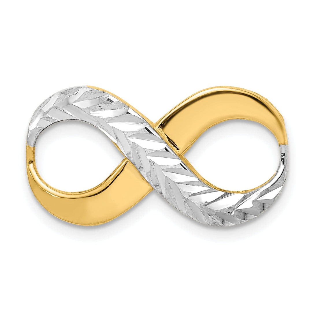 14K Yellow Gold, White Rhodium Polished Diamond Cut Finish Solid Infinity Design Omega Slide Pendant Fits up to 4 mm Omega