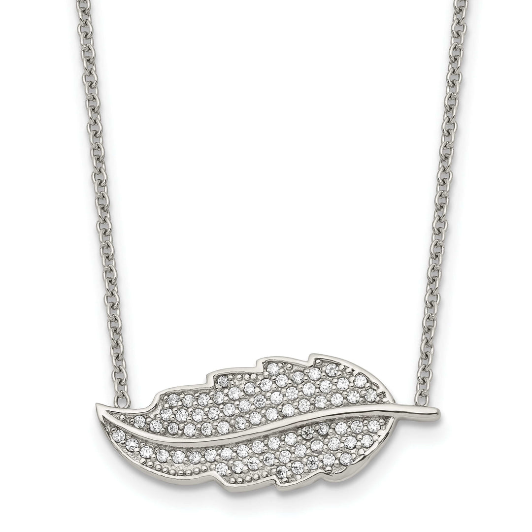 Stainless Steel Polished Leaf with CZs Necklace