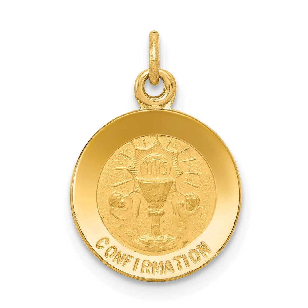14K Yellow Gold Confirmation with Chalice Cup Round Disc Medal Pendant
