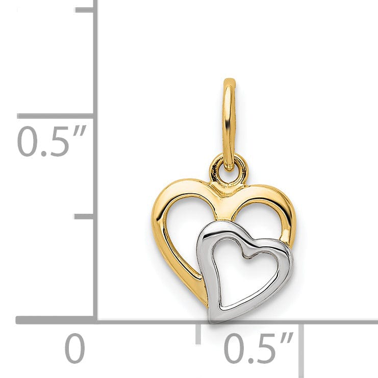 14K Yellow Gold, White Rhodium Polished Fiinish Closed Back Two Hearts inter-Connected Design Charm Pendant