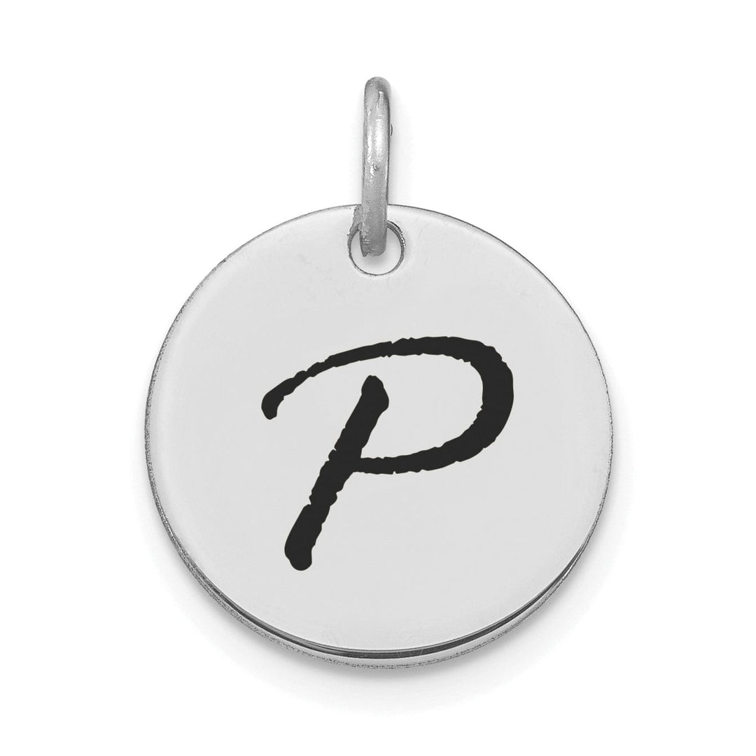 14k White Gold Polished Rhodium Black Epoxy Finish Letter P Initial Disk Shape Charm Pendant