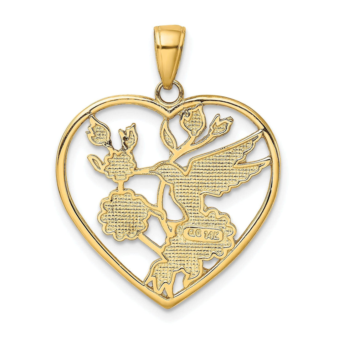 14k Yellow Gold Solid Multi Enameled Textured Polished Finish Hummingbird with Flowers Heart Design Charm Pendant