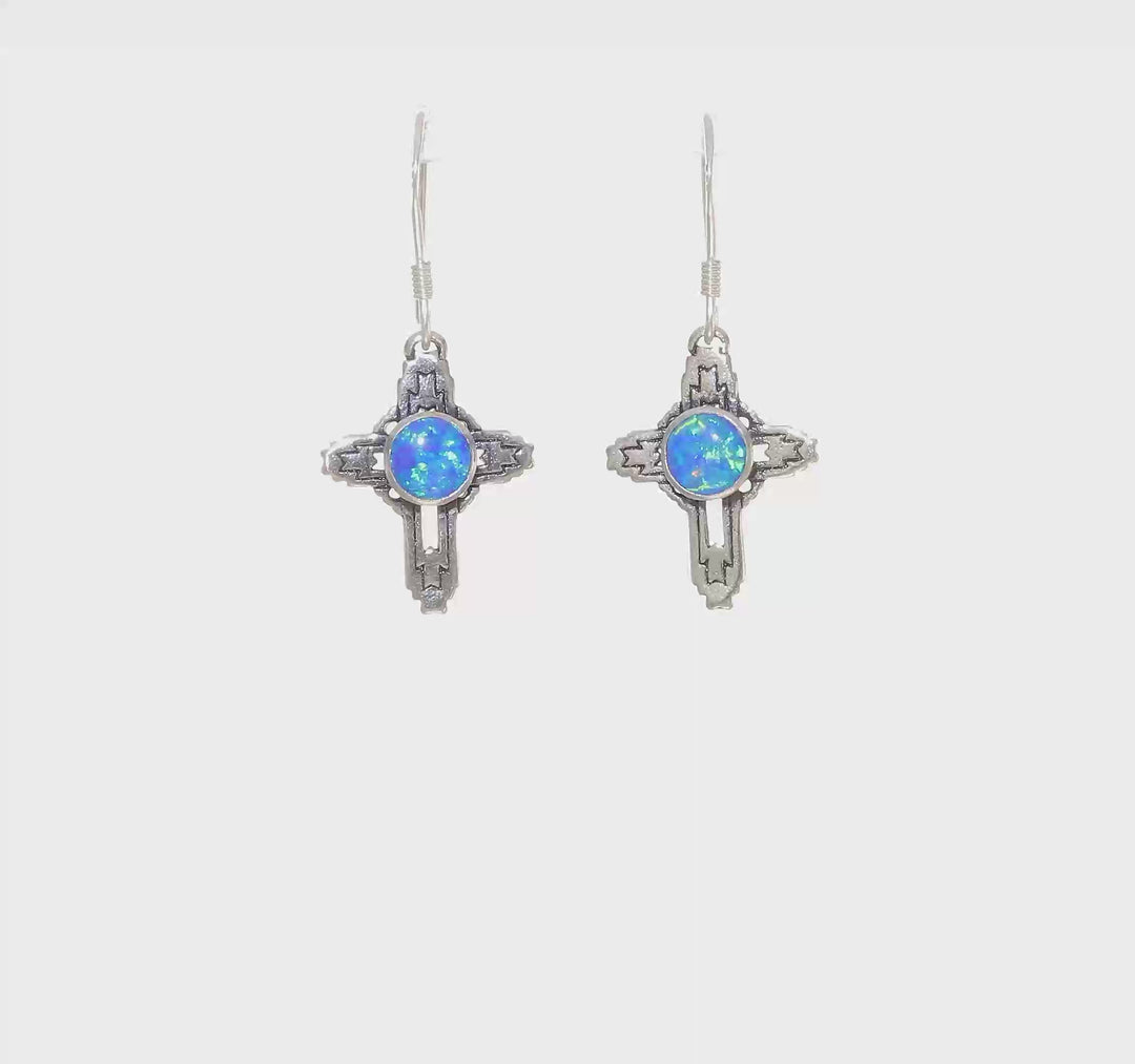 Sterling Silver Antiqued Created Opal Cross Dangle