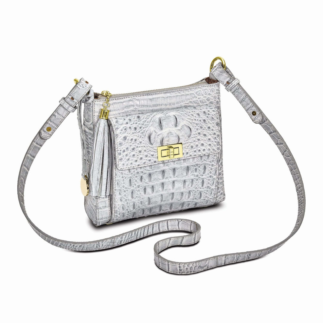 Lovely Rita's Handbags, Totes & Wallets Top Grain Leather Croc Texture Silver Organizer Crossbody Bag