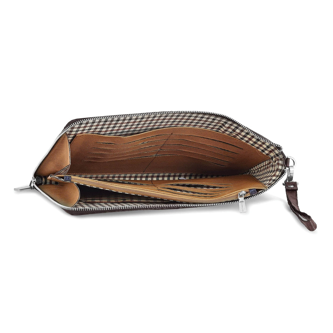 Lovely Rita's Handbags, Totes & Wallets Top Grain Leather Croc Texture Zips Around One Side and Top Cotton and Leather Gusseted Lining with Center Zip Compartment Divider 20 Card Slot Detachable 7 inch Wrist Strap Dark Brown Portfolio