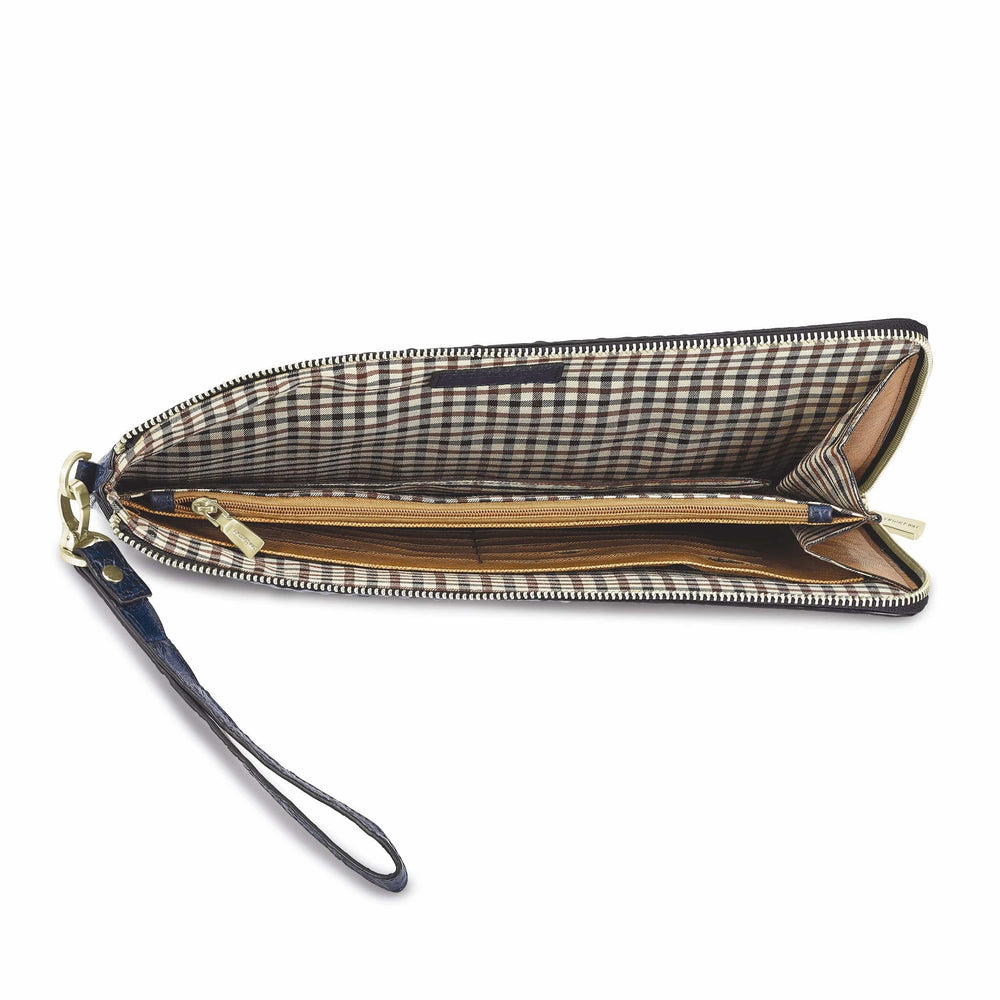 Lovely Rita's Handbags, Totes & Wallets Top Grain Leather Croc Texture Zips Around One Side and Top Cotton and Leather Gusseted Lining with Center Zip Compartment Divider 20 Card Slot Detachable 7 inch Wrist Strap Navy Portfolio