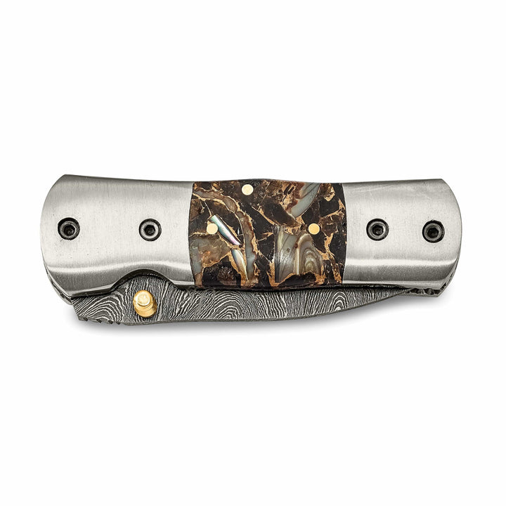 Jere Collection Knife Collection Damascus Steel 256 Layer Folding Compressd Bronze-Abalone-Obsidian Knife
