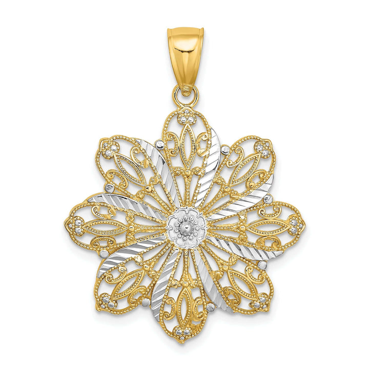 Lovely Rita's Pendants & Charms 14K Two-tone Gold Open Back Solid Polished Finish Diamond-cut Flower Charm Pendant